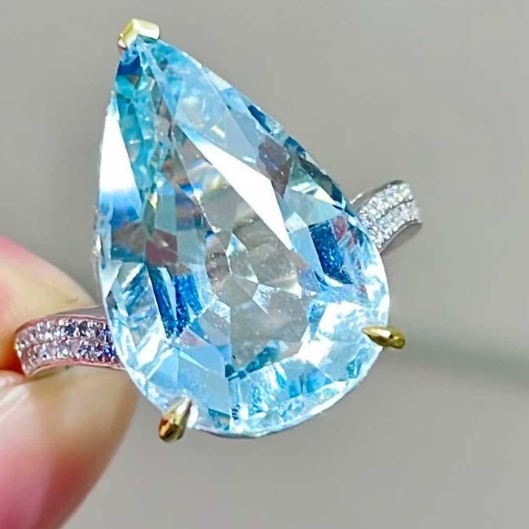14k Gold 8.85 Ct Natural Aquamarine & Diamond Ring - 5