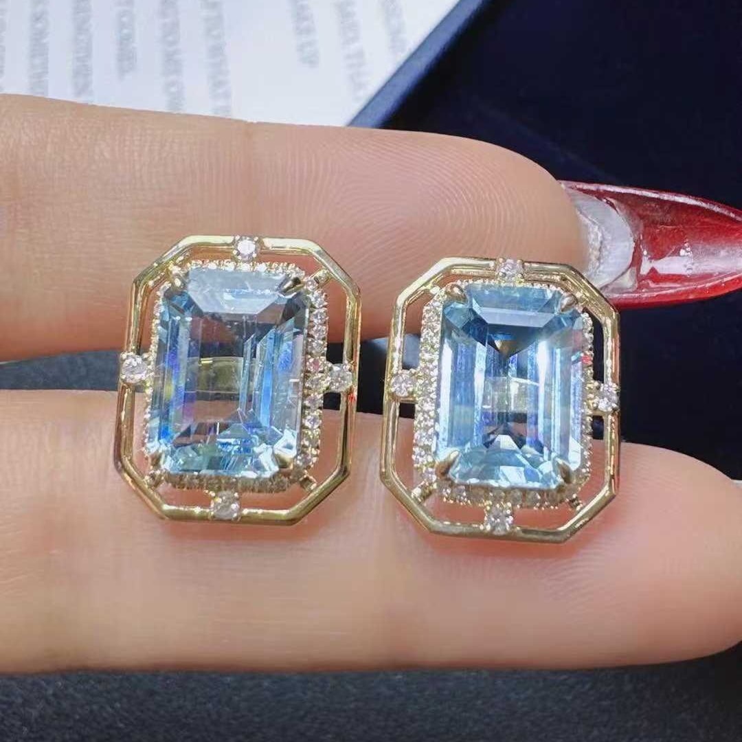 14k Gold 7.23 Ctw Natural Aquamarine & Diamond Earrings - 3