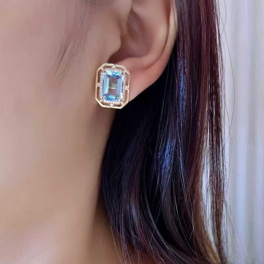 14k Gold 7.23 Ctw Natural Aquamarine & Diamond Earrings - 4