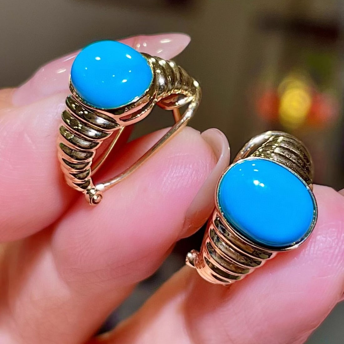 14k Gold 3.59 Ct Natural Blue Turquoise Earrings - 2