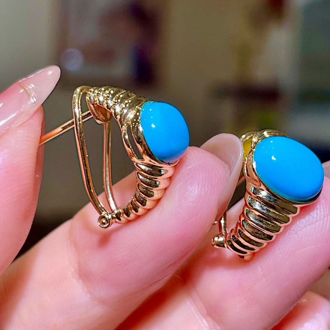 14k Gold 3.59 Ct Natural Blue Turquoise Earrings - 3