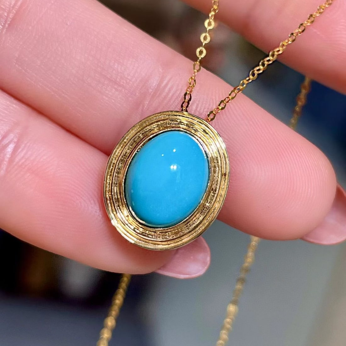 14k Gold 2.69 Ct Natural Blue Turquoise Pendant( Without Chain ) - 3