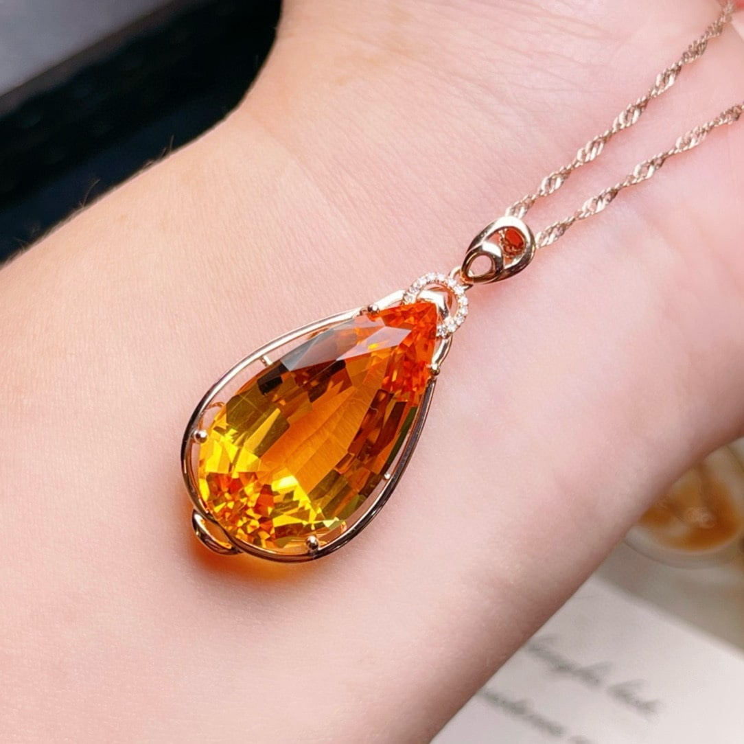 14k Gold 19.93 Ctw Natural Citrine & Diamond Pendant( Without Chain ) - 3