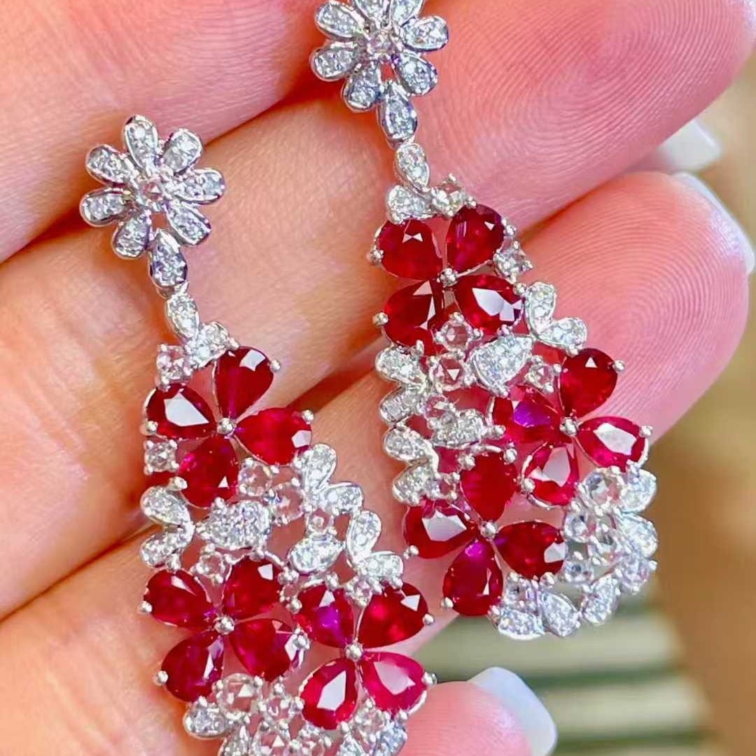 14k Gold 4.5 Ct Natural Ruby & Diamond Earrings - 4