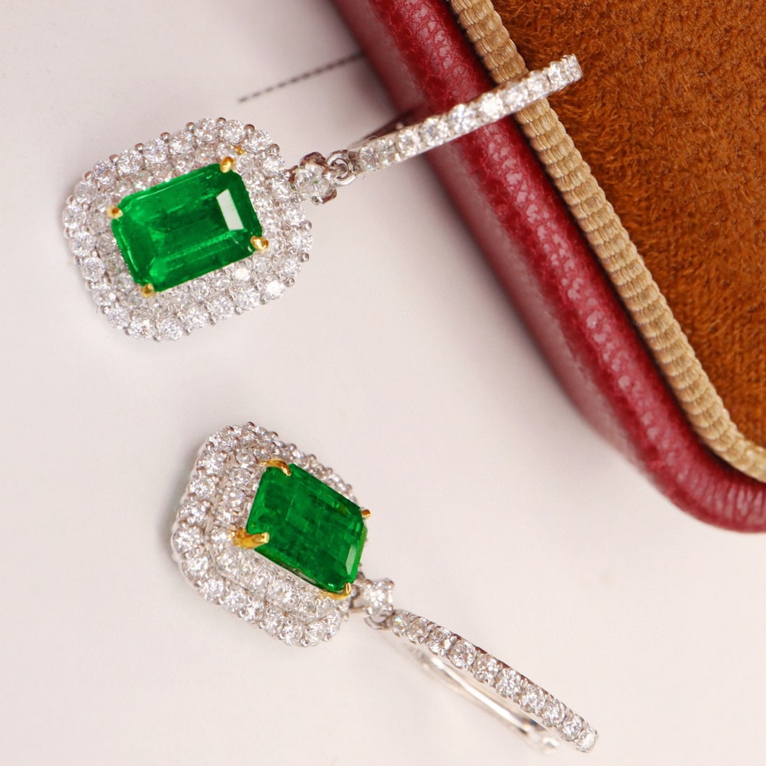 14k Gold 2.38 Ctw Vivid Green Natural Emerald & Diamond Earrings - 2