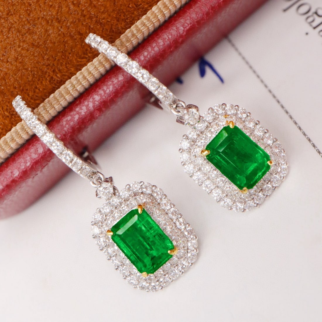 14k Gold 2.38 Ctw Vivid Green Natural Emerald & Diamond Earrings - 4
