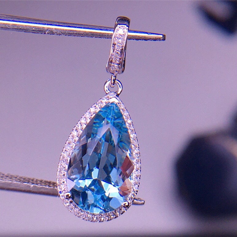 14k Gold 2.32 Ct Natural Aquamarine & Diamond Pendant( Without Chain ) - 2