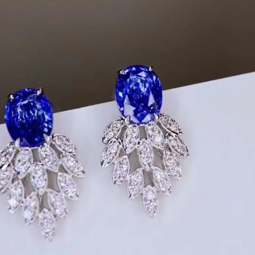 14k Gold 2 Ct Natural Sapphire & Diamond Earrings - 6