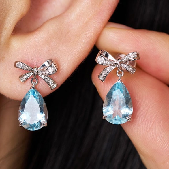 14k Gold 3.58 Ct Natural Aquamarine & Diamond Earrings - 7