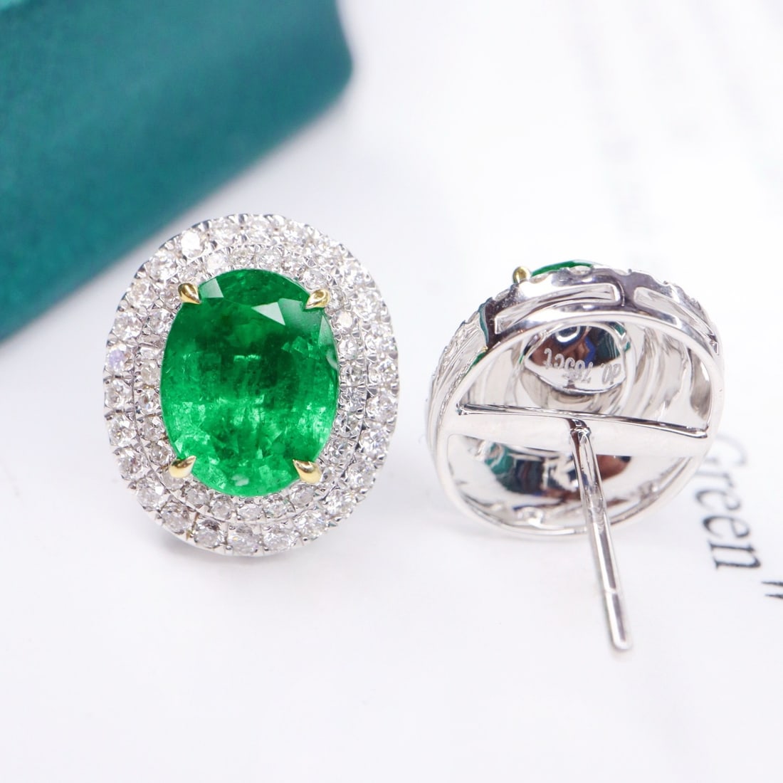 14k Gold 4.48 Ctw Vivid Green Natural Emerald & Diamond Earrings - 3