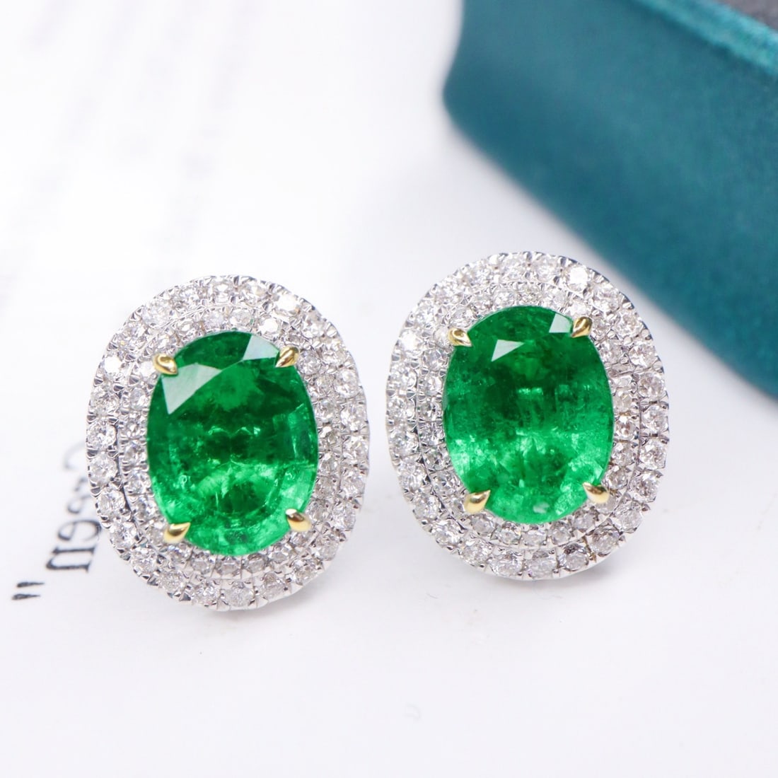 14k Gold 4.48 Ctw Vivid Green Natural Emerald & Diamond Earrings - 4