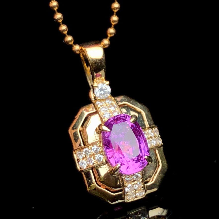 14k Gold 1.13 Ctw Natural Sapphire & Diamond Pendant( Without Chain ): Ref:231112044 // gold content:14k gold // main gemstone:sapphire // shape:cushion // carat weight:1. 02ct // color:pink // treatment:natural // // adjacent gemstone 2 : diamond // shape:round //