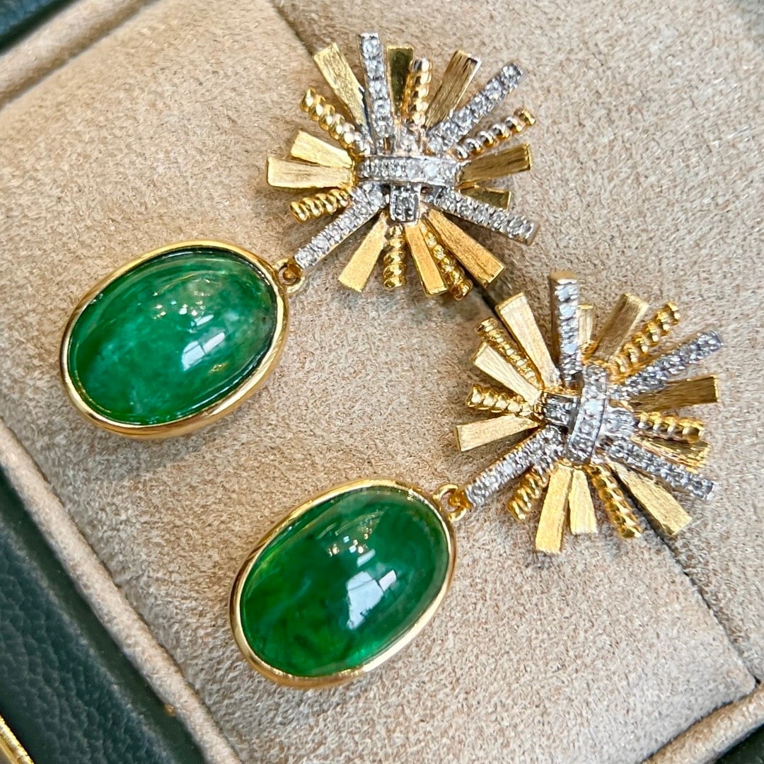 14k Gold 4.87 Ctw Natural Emerald & Diamond Earrings - 5