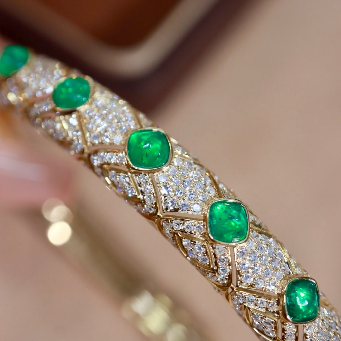 14k Gold 4.33 Ctw Vivid Green Natural Emerald & Diamond Bangle - 6