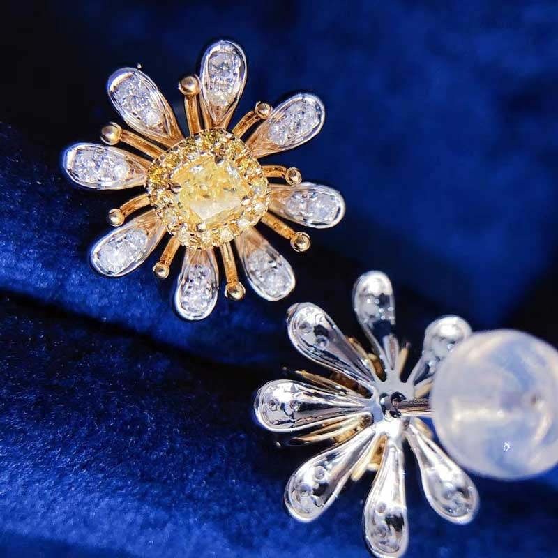 14k Gold 0.70 Ctw Natural Yellow Diamond & Diamond Earrings - 3