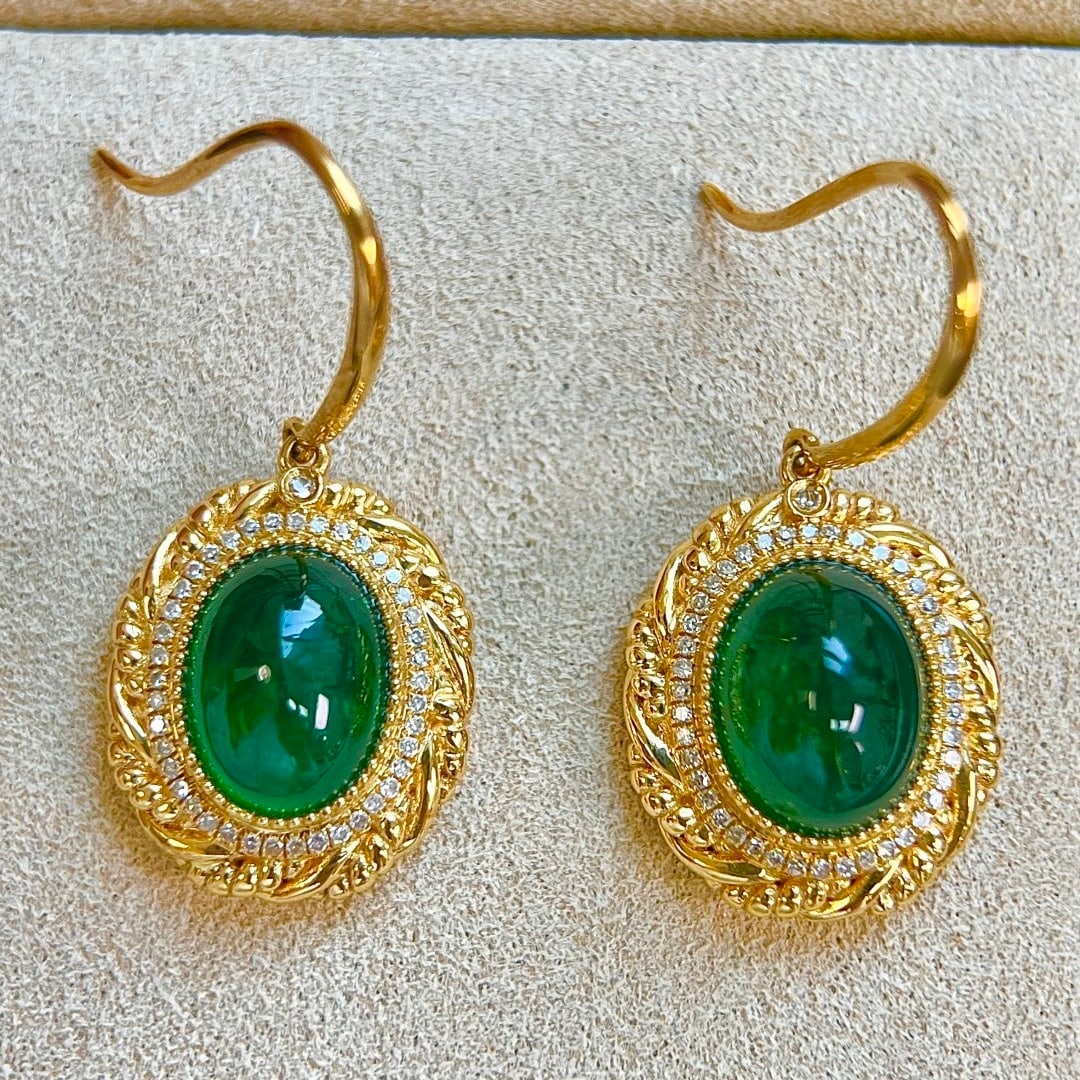 14k Gold 5.94 Ctw Vivid Green Natural Emerald & Diamond Earrings - 6