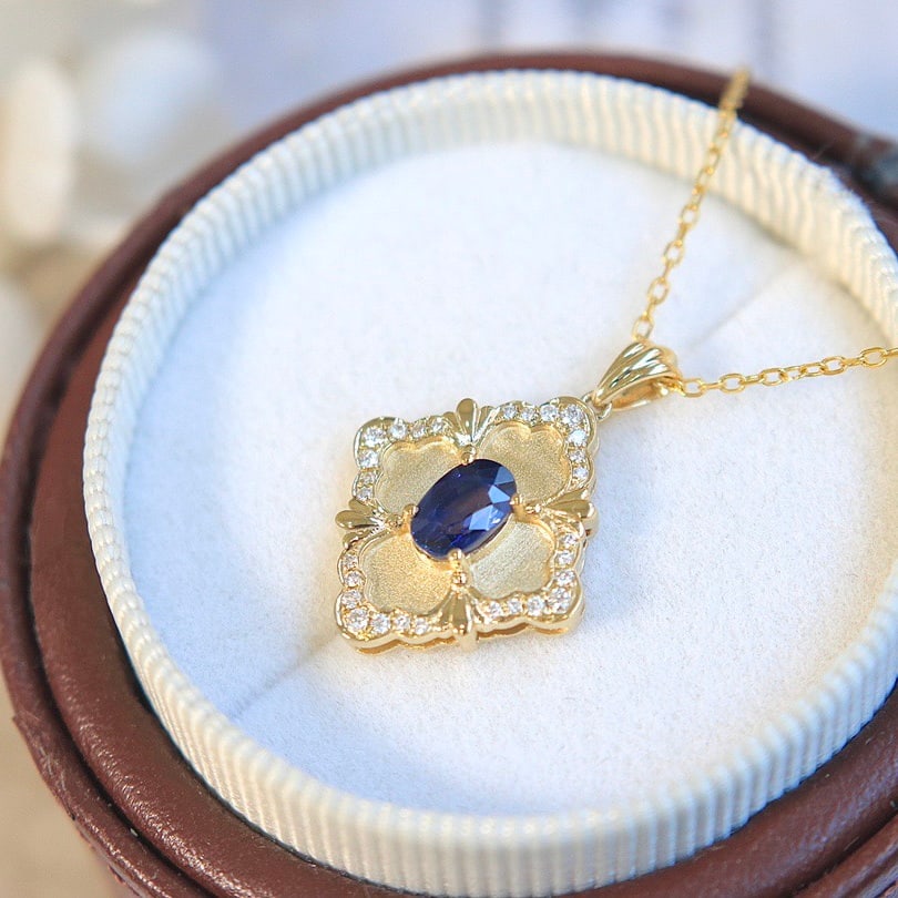 14k Gold 0.7 Ct Natural Sapphire & Diamond Pendant( Without Chain ) - 3