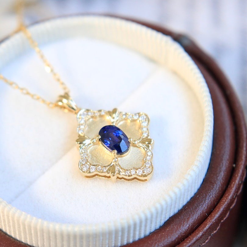 14k Gold 0.7 Ct Natural Sapphire & Diamond Pendant( Without Chain ) - 4