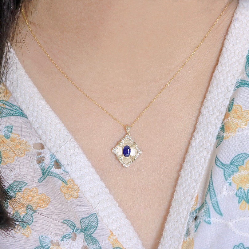 14k Gold 0.7 Ct Natural Sapphire & Diamond Pendant( Without Chain ) - 8