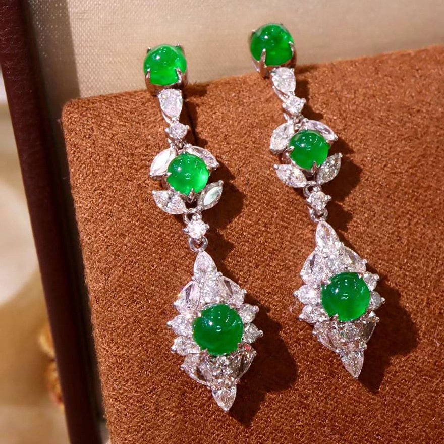 14k Gold 5.87 Ctw Vivid Green Natural Emerald & Diamond Earrings: Ref:231112070 // gold content:14k gold // main gemstone:emerald // shape:round // carat weight:3. 60ct // color:vivid green // treatment:natural // cut grade:g // // adjacent gemstone 2 : diamond // s