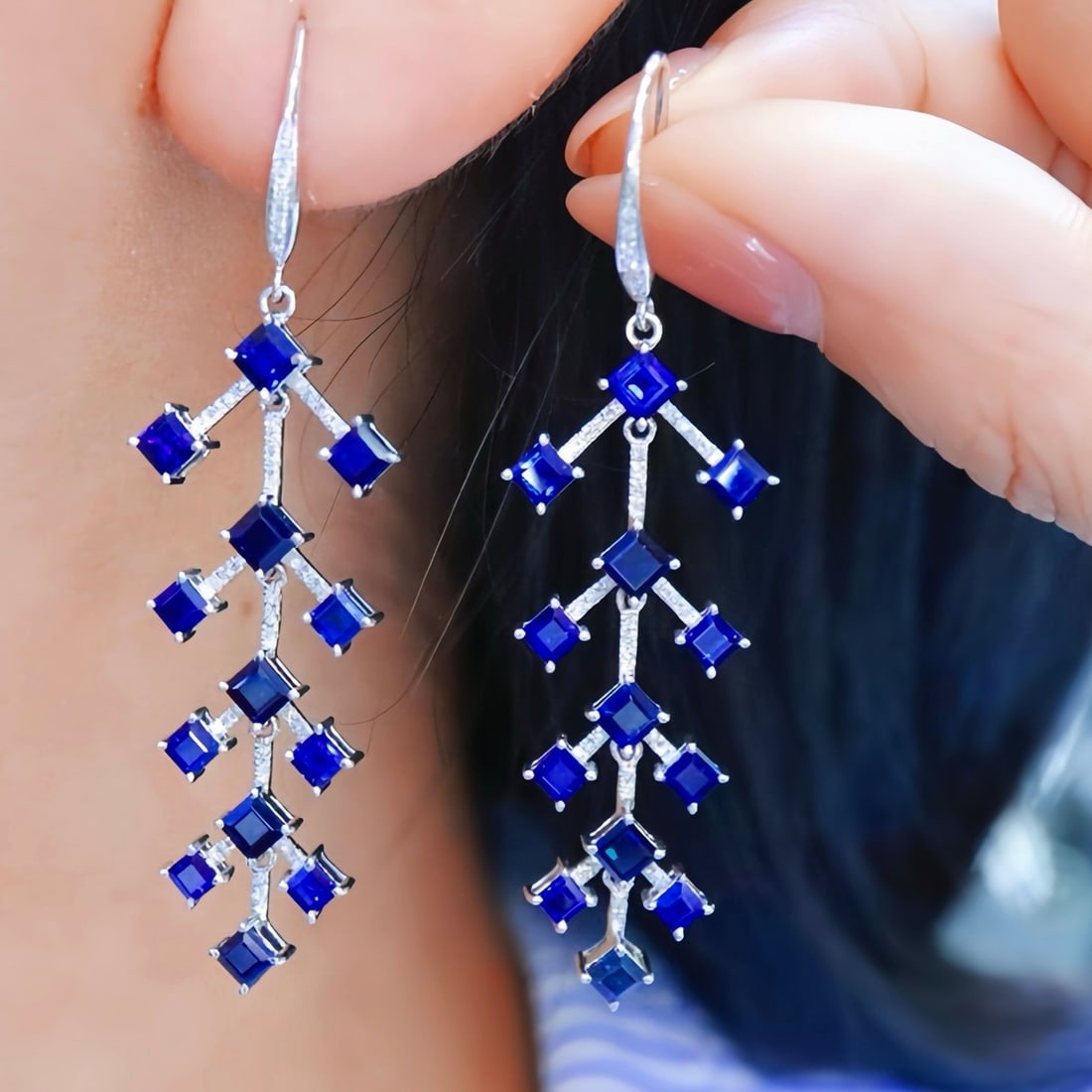 14k Gold 5.63 Ctw Natural Sapphire & Diamond Earrings - 3