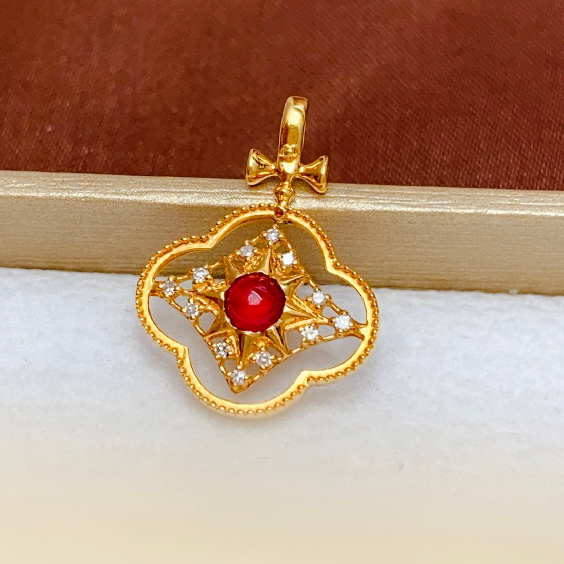 14k Gold 0.40 Ct Natural Ruby & Diamond Pendant( Without Chain ) - 2
