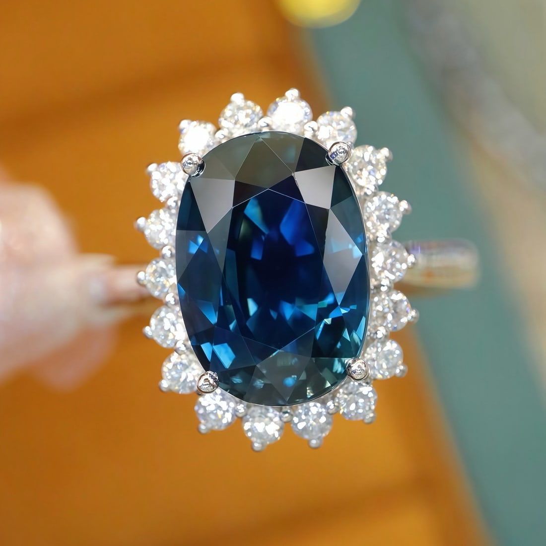 14k Gold 5.59 Ctw Natural Sapphire & Diamond Ring: Ref:231112114 // gold content:14k gold // ring size:7. 25us // // main gemstone:sapphire // shape:oval // carat weight:5. 05ct // color:blue // treatment:natural // // adjacent gemstone 2 :