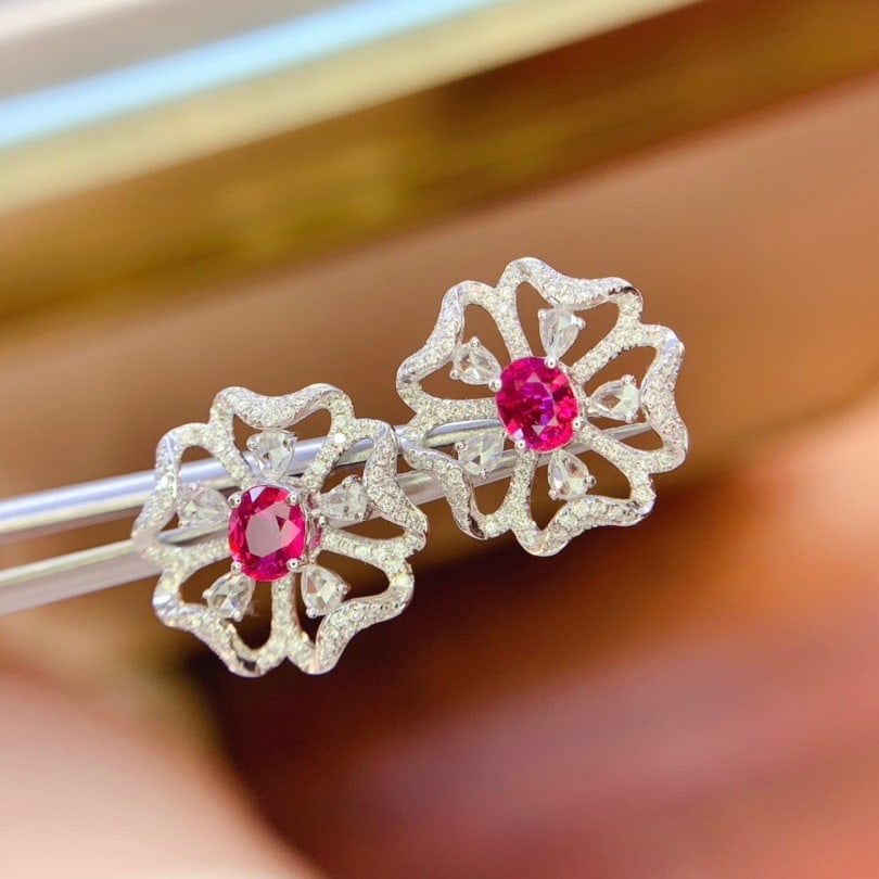 14k Gold 1.85 Ctw Natural Ruby & Diamond Earrings - 2