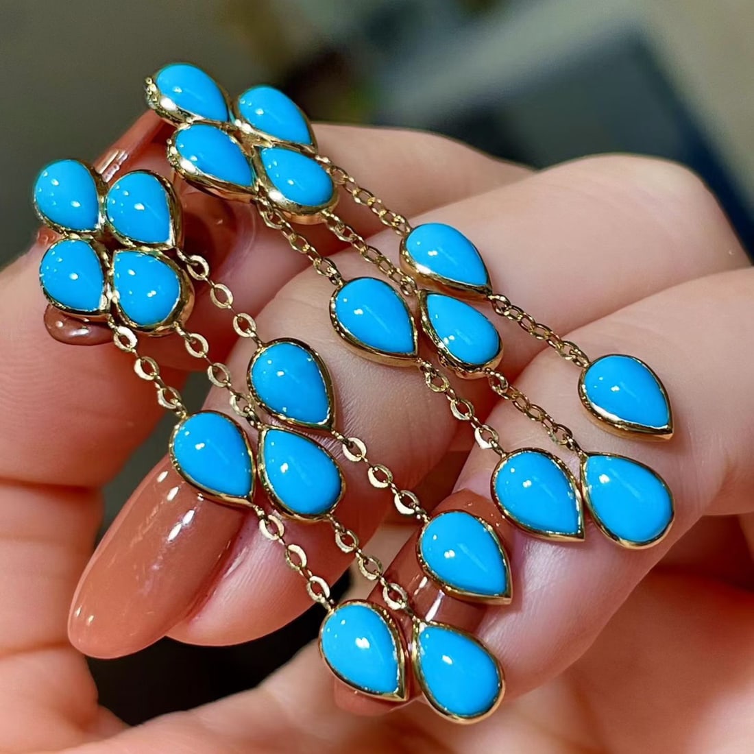 14k Gold 8.0 Ct Natural Blue Turquoise Earrings - 2