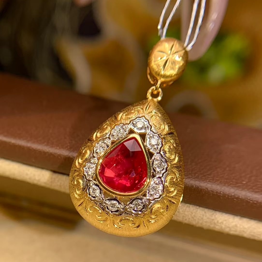 14k Gold 0.91 Ct Natural Ruby & Diamond Pendant( Without Chain ) - 2