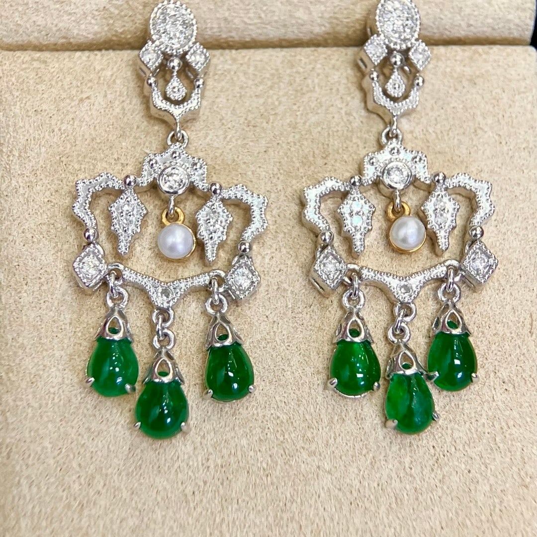 14k Gold 2.59 Ctw Vivid Green Natural Emerald & Diamond Earrings - 2