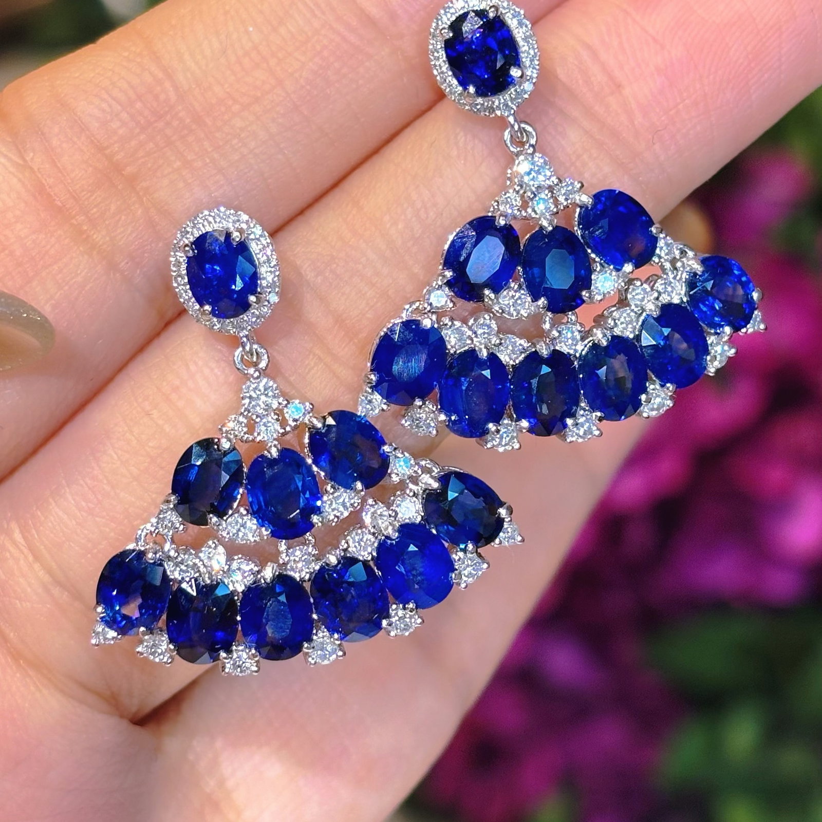 14k Gold 9.23 Ct Natural Sapphire & Diamond Earrings - 3