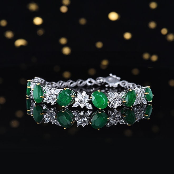 14k Gold 12.13 Ctw Vivid Green Natural Emerald & Sapphire Bracelet - 2
