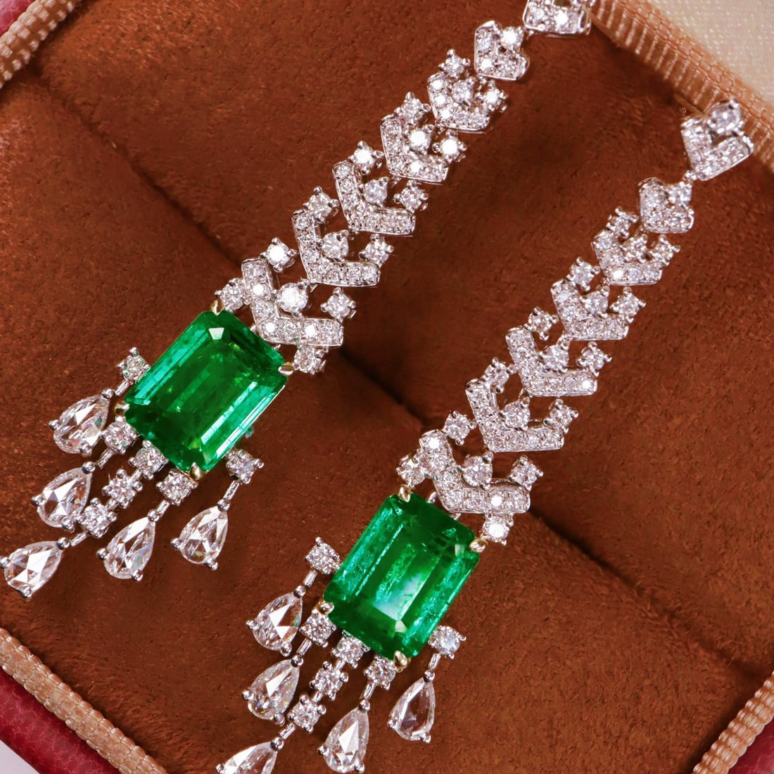 14k Gold 5.24 Ctw Vivid Green Natural Emerald & Diamond Earrings - 2