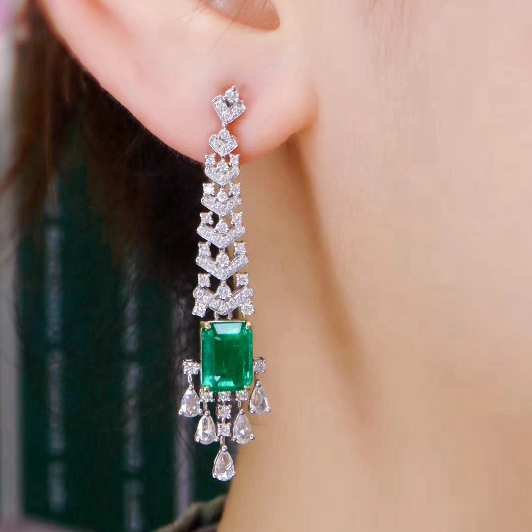 14k Gold 5.24 Ctw Vivid Green Natural Emerald & Diamond Earrings - 5