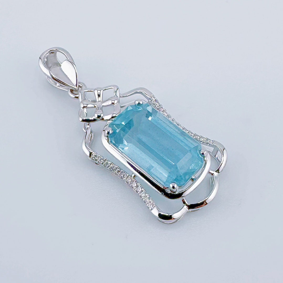 14k Gold 3.19 Ctw Natural Aquamarine & Diamond Pendant( Without Chain ) - 3