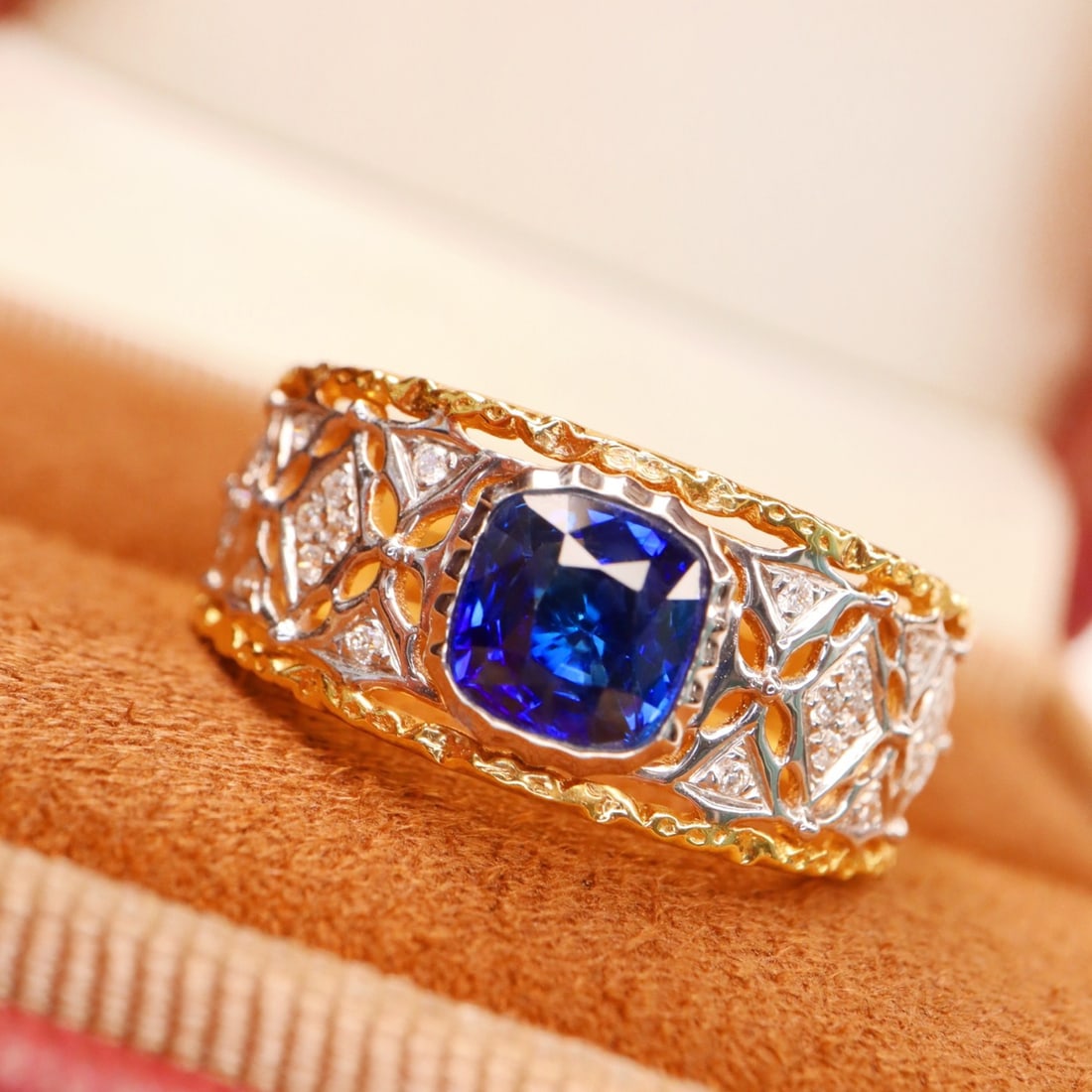 14k Gold 1.27 Ctw Natural Sapphire & Diamond Ring: Ref:231112299 // gold content:14k gold // ring size:7. 25us // // main gemstone:sapphire // shape:cushion // carat weight:1. 15ct // color:royal blue // treatment:natural // // adjacent gemstone 2
