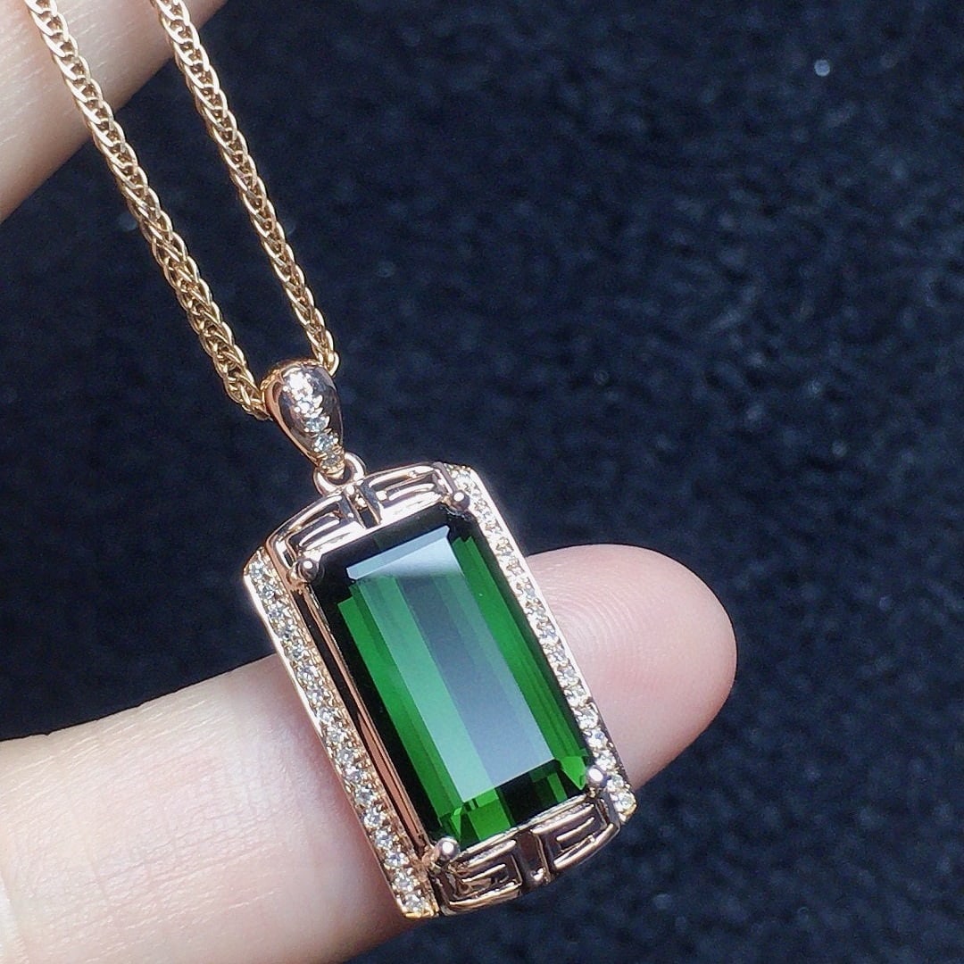 14k Gold 5.35 Ct Natural Tourmaline & Diamond Pendant( Without Chain ) - 3
