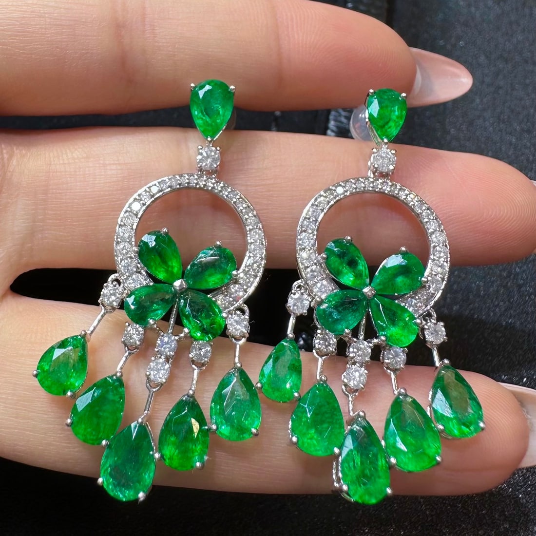 14k Gold 10.75 Ctw Vivid Green Natural Emerald & Diamond Earrings - 3