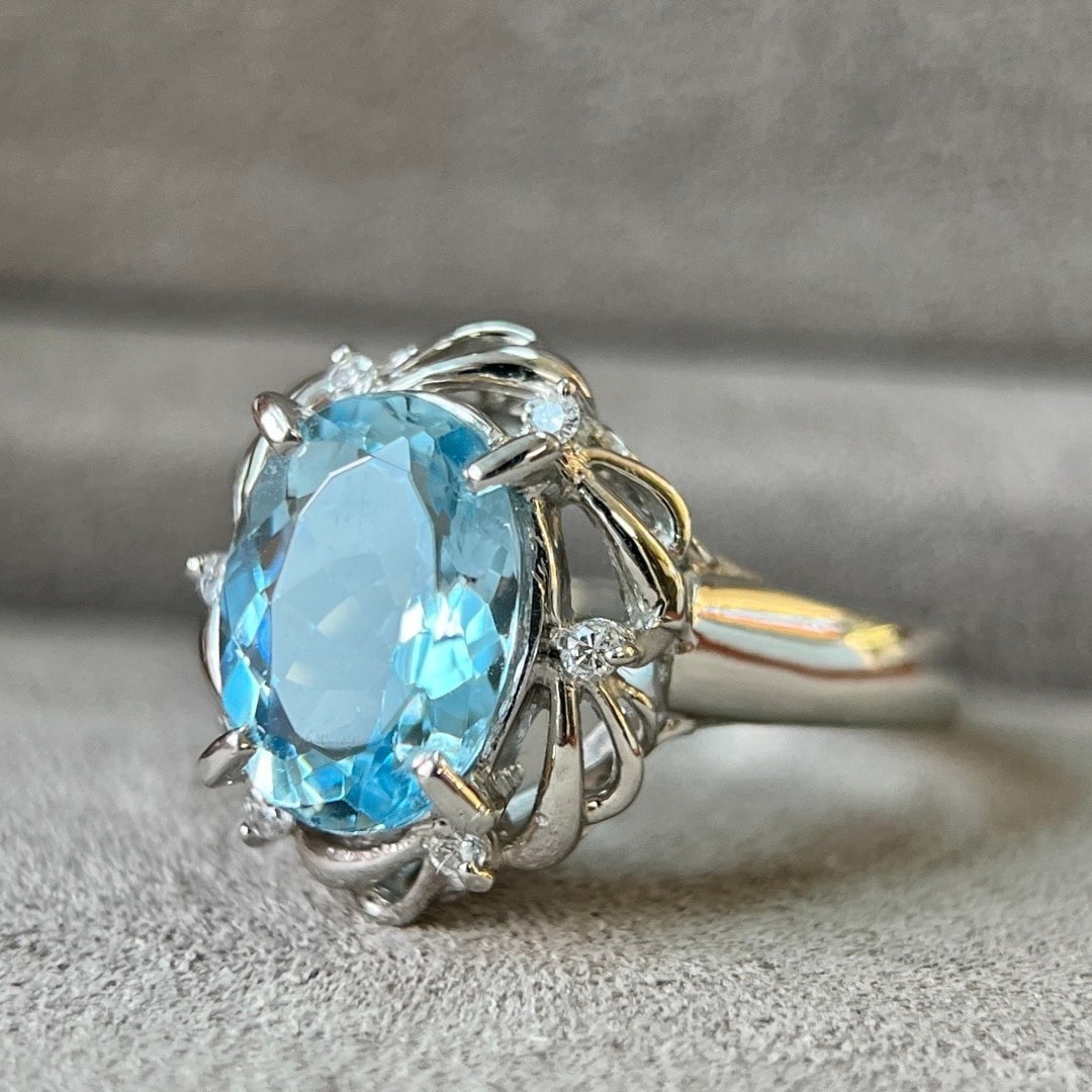 14k Gold 1.90 Ctw Natural Aquamarine & Diamond Ring - 6