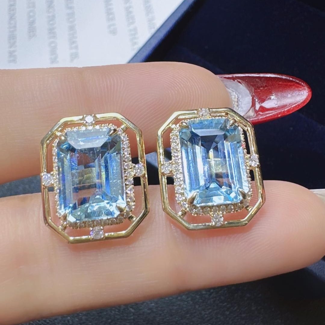 14k Gold 7.23 Ctw Natural Aquamarine & Diamond Earrings - 2