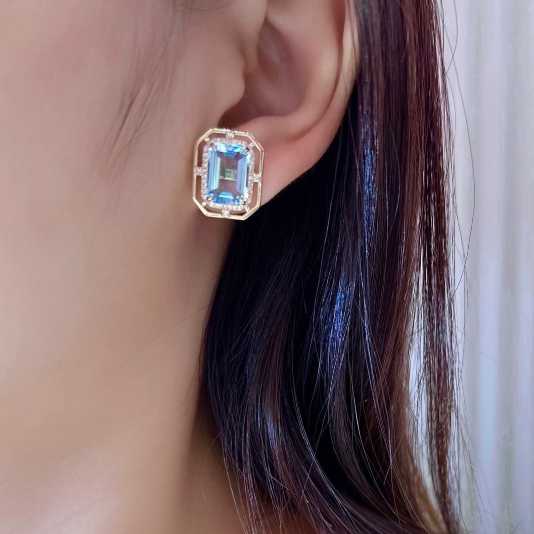 14k Gold 7.23 Ctw Natural Aquamarine & Diamond Earrings - 4