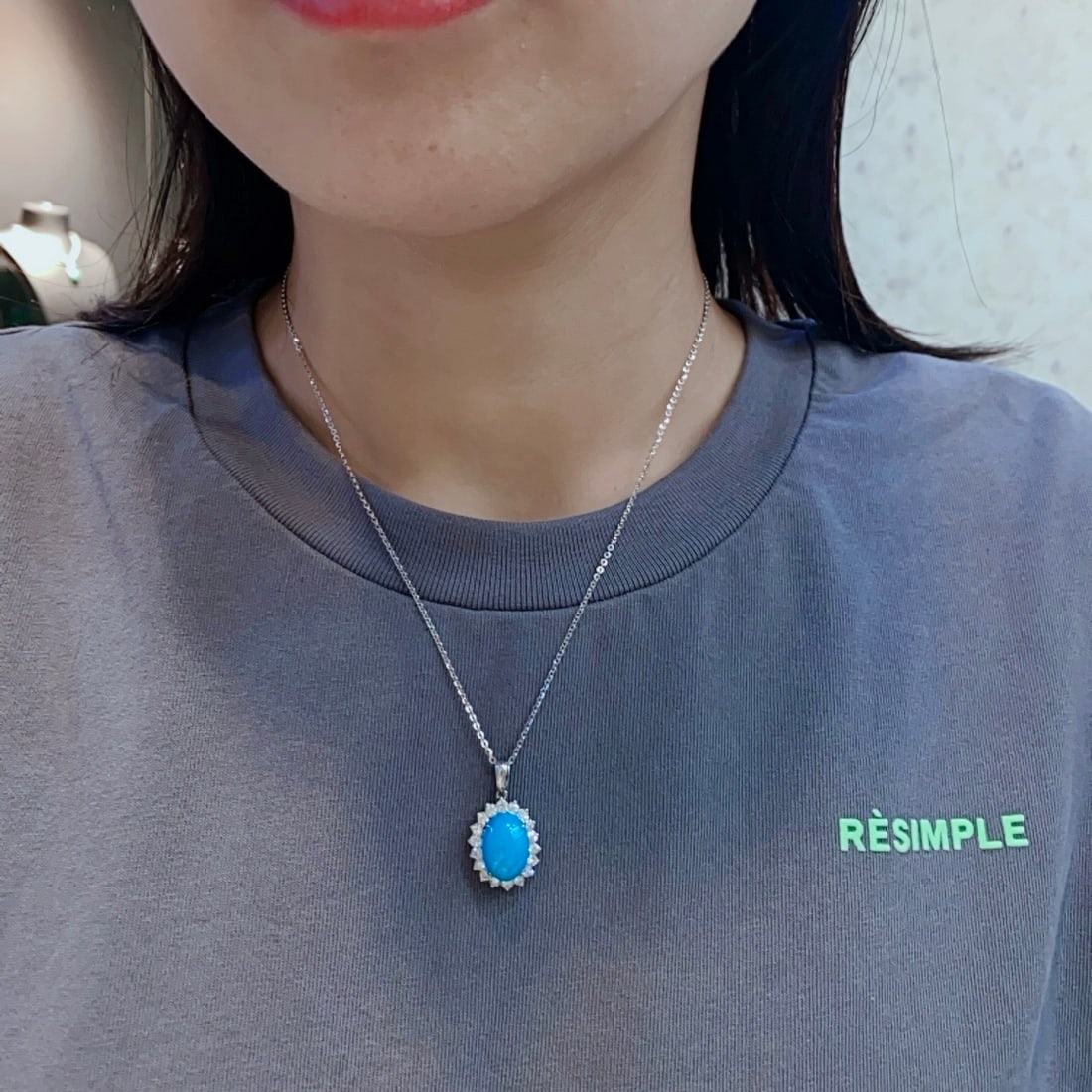 14k Gold 6.11 Ctw Natural Blue Turquoise & Diamond Pendant( Without Chain ) - 3