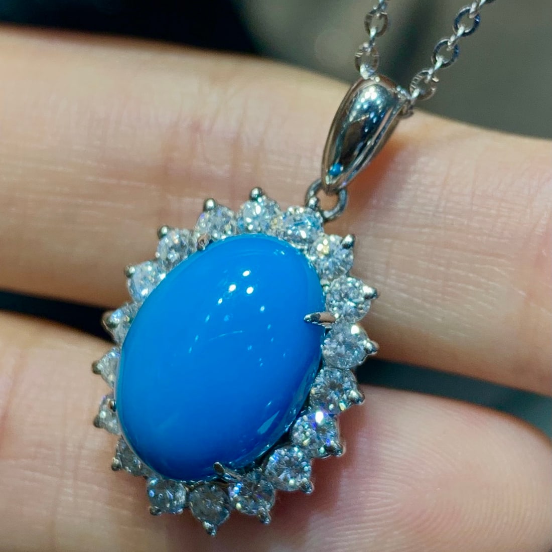 14k Gold 6.11 Ctw Natural Blue Turquoise & Diamond Pendant( Without Chain ) - 4