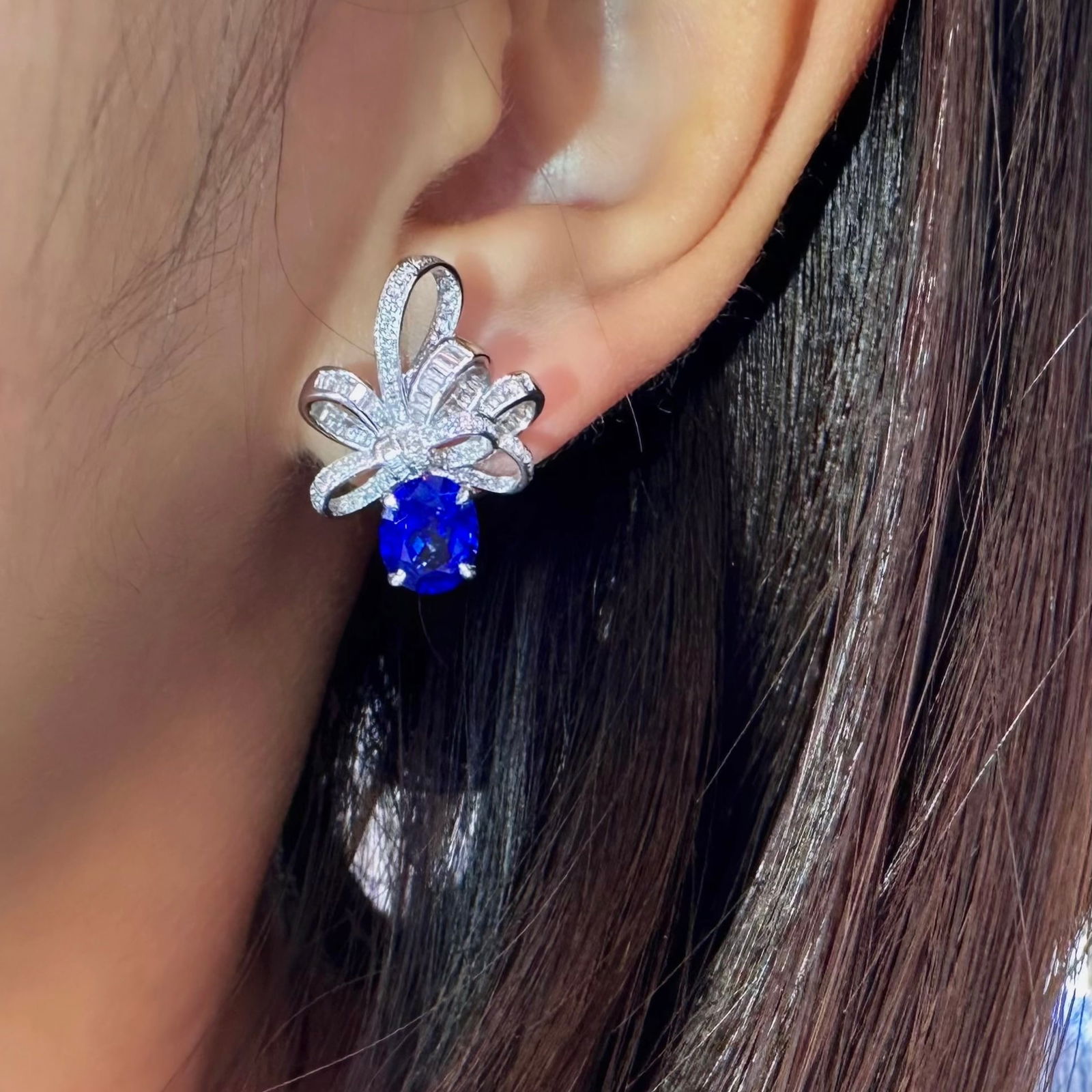 14k Gold 3.40 Ctw Natural Sapphire & Diamond Earrings - 2