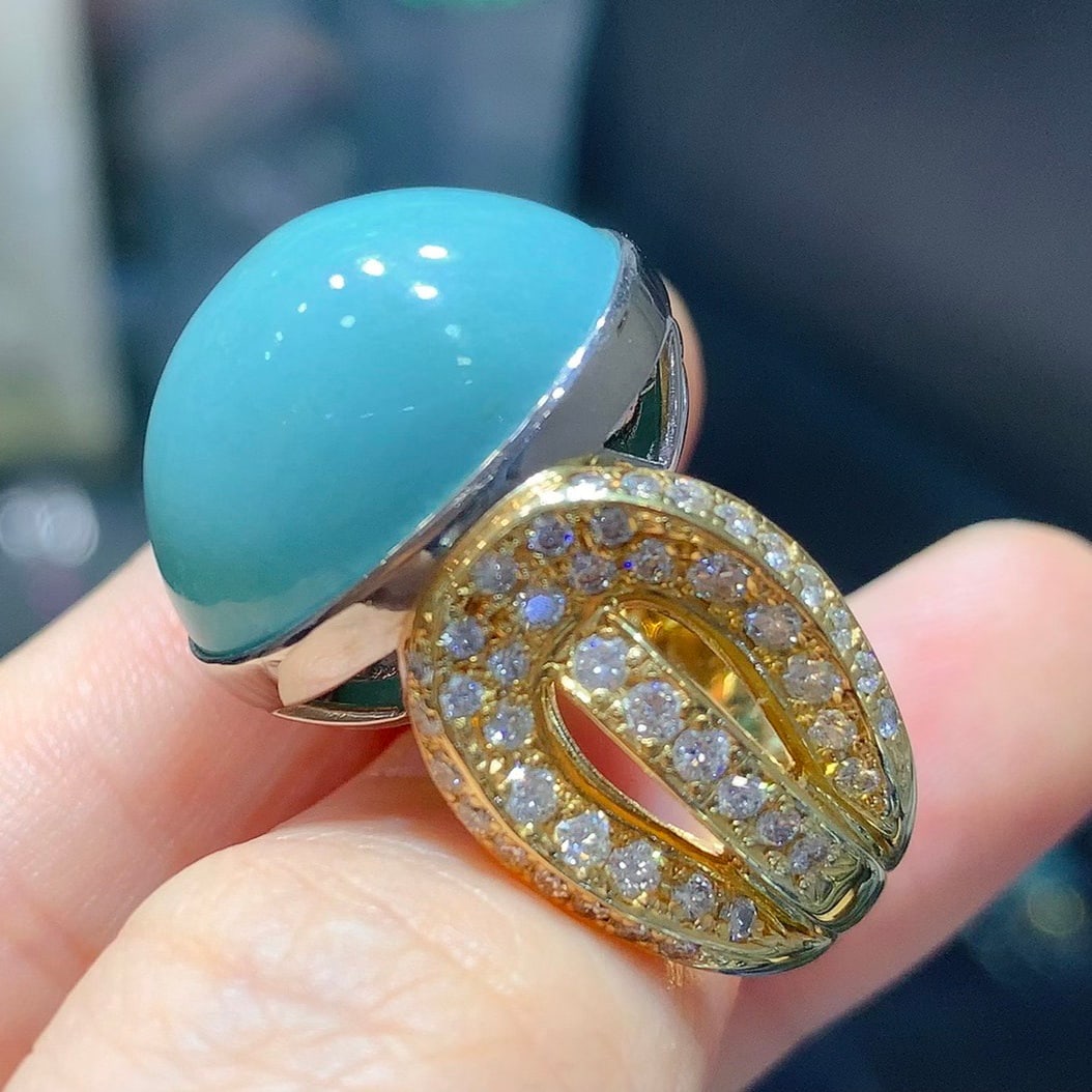 14k Gold 25.66 Ctw Natural Blue Turquoise & Diamond Ring - 2