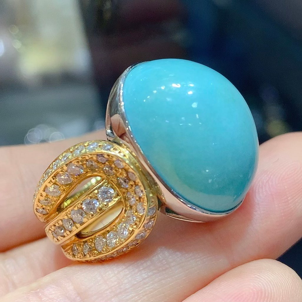 14k Gold 25.66 Ctw Natural Blue Turquoise & Diamond Ring - 6