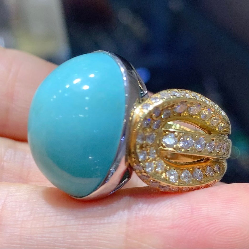 14k Gold 25.66 Ctw Natural Blue Turquoise & Diamond Ring - 7