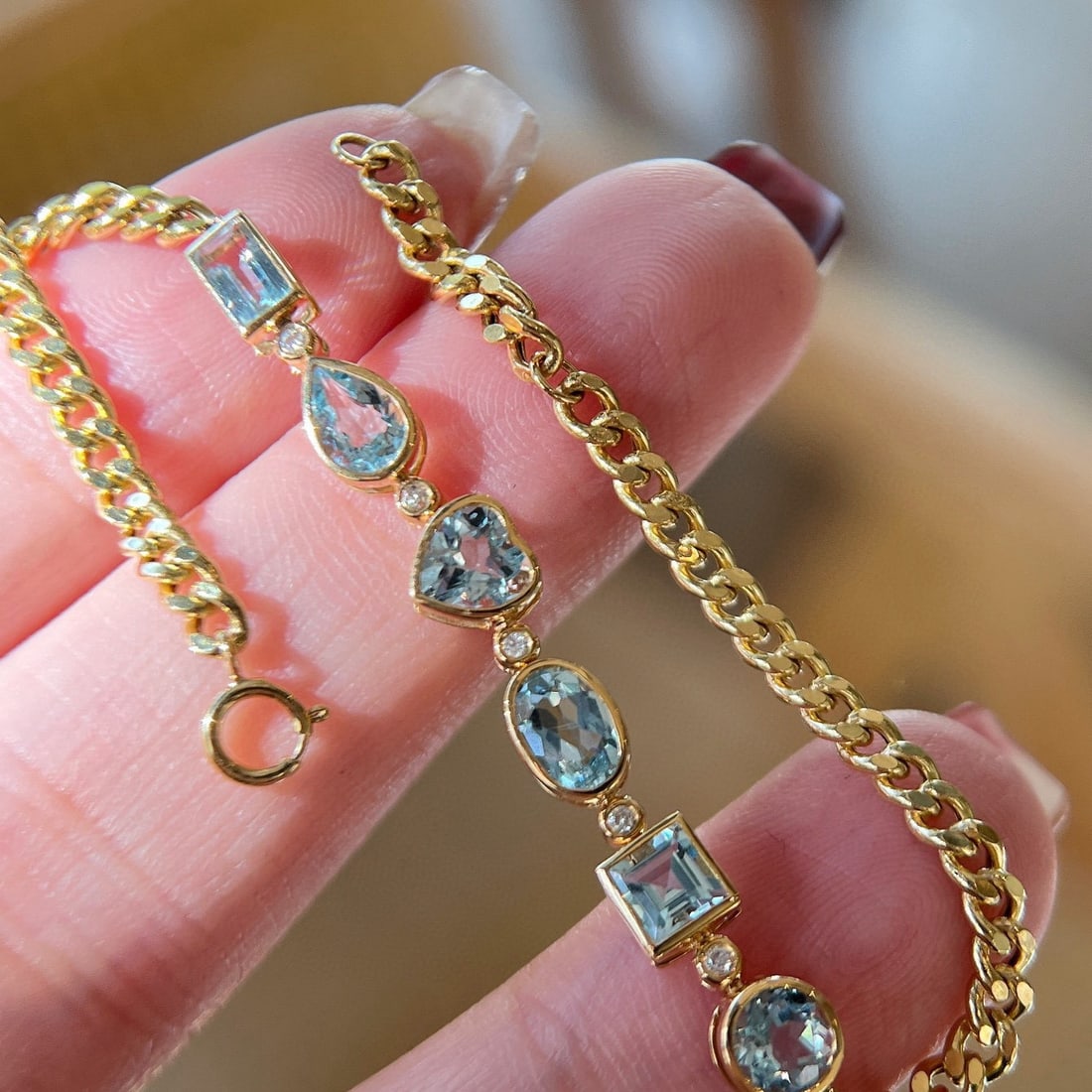 14k Gold 2.7 Ct Natural Aquamarine & Diamond Bracelet - 6