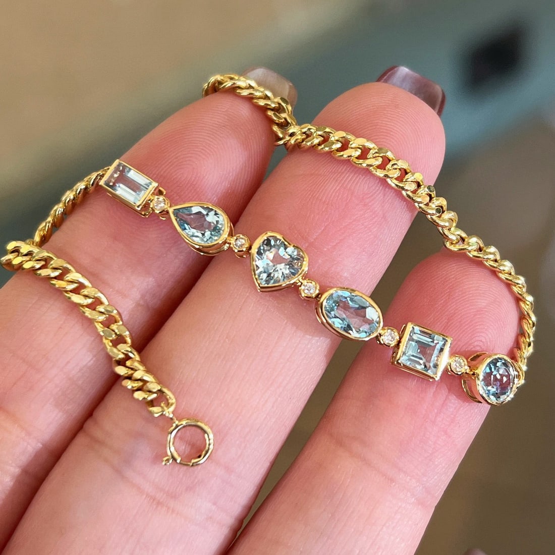 14k Gold 2.7 Ct Natural Aquamarine & Diamond Bracelet - 8